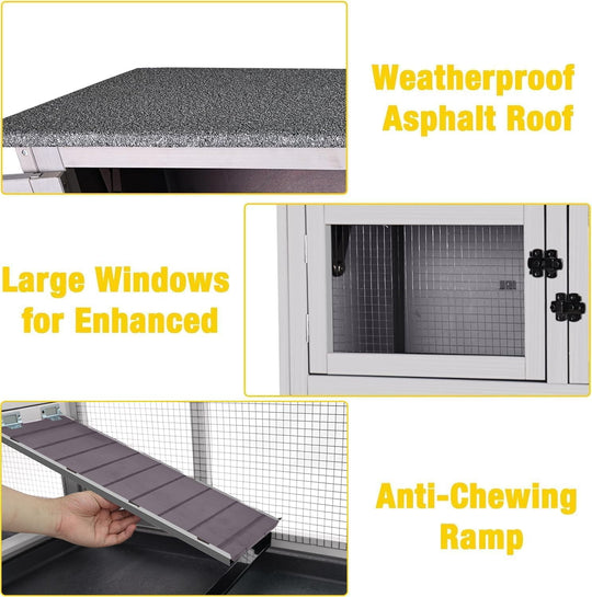 MEDEHOO 36" L Rabbit Hutch Indoor Bunny Cage Outdoor 2 Story Bunny Hutch with Weatheproof Roof Pull-Out Tray Ramp Large Guinea Pig Cage on Wheels