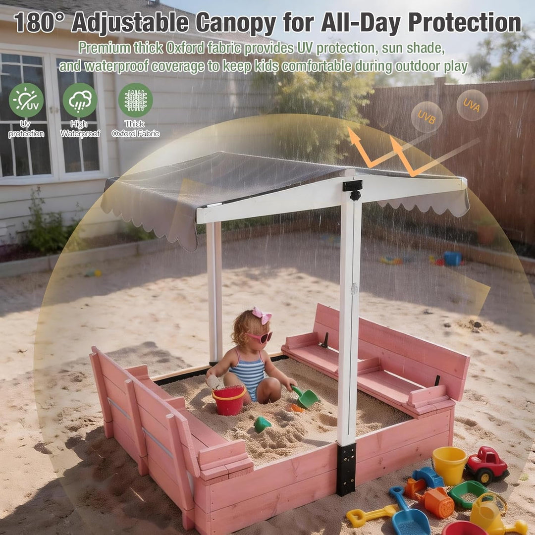 MEDEHOO 47.2"Sandbox with Lid and Cover for Kids Outdoor with 2 Foldable Bench Seats,  Adjustable Canopy and Sand Protection Liner, (Pink)