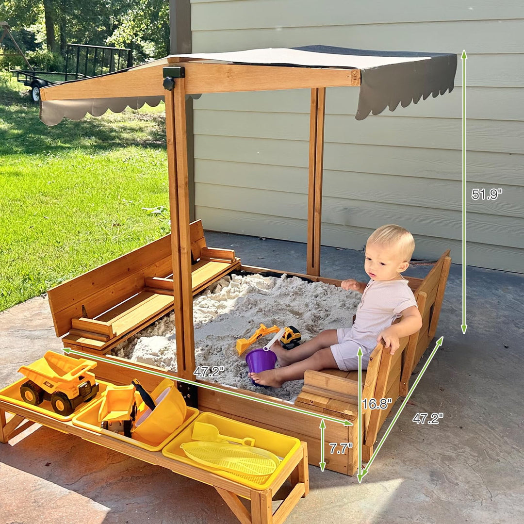 Sandbox with Lid and Cover for Kids Outdoor Sand Box with 3 Toy Bins, 2 Foldable Bench Seats, Adjustable Canopy and Sand Protection Liner, 47.2" L x 47.2" W x 51.9" H GUT08-N