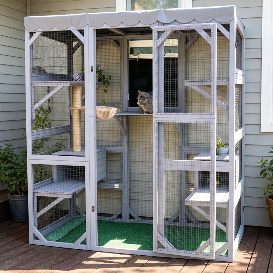 MEDEHOO 62.6" Walk-in Outdoor Catio, Large 4-Tier Wooden Cat Enclosure with 7 Climbing Platforms &amp; 2 Resting Houses, Window Cat House for Multiple Cats