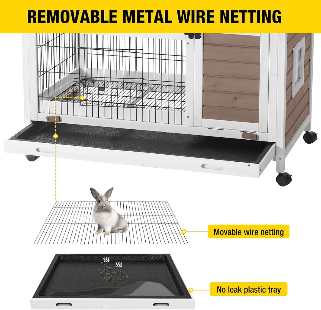 MEDEHOO Rabbit Hutch Indoor Bunny Cage Outdoor Bunny House with Wire Floor Leakproof Plastic Tray, Brown