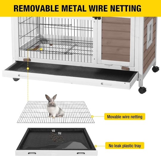 MEDEHOO Rabbit Hutch Indoor Bunny Cage Outdoor Bunny House with Wire Floor Leakproof Plastic Tray, Brown