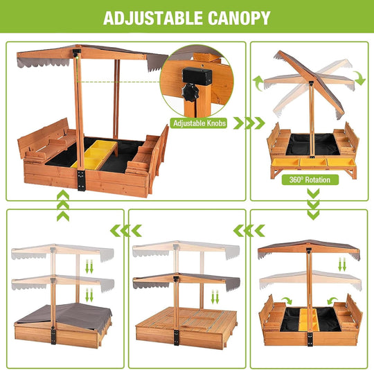 Wooden Sandbox Backyard Sand Box with Cover, Outdoor Sandbox for Kids with 3 Toy Bins