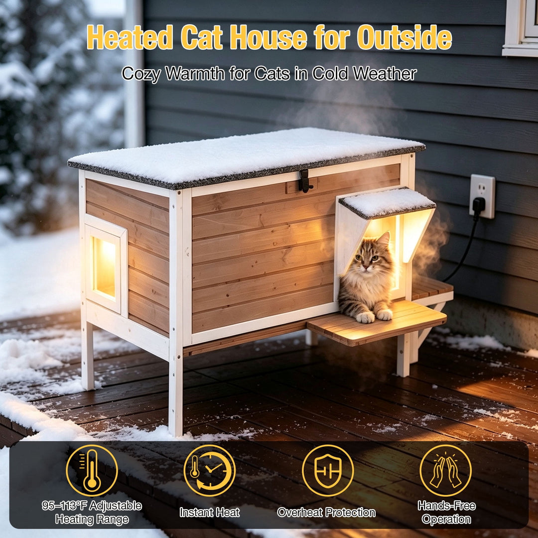 MEDEHOO Heated Outdoor Cat House, Insulated Wooden Feral Shelter with 8-Layer Heating Pad &amp; Weatherproof Asphalt Roof, Dual Escape Doors AIR91-B-HP-PA-WM