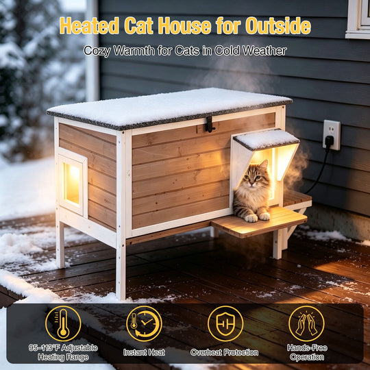 MEDEHOO Heated Outdoor Cat House, Insulated Wooden Feral Shelter with 8-Layer Heating Pad &amp; Weatherproof Asphalt Roof, Dual Escape Doors AIR91-B-HP-PA-WM