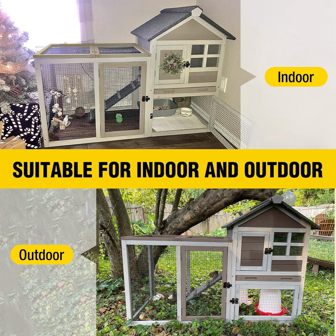 MEDEHOO Rabbit Hutch Indoor Bunny Cage Outdoor with Run Chicken Coop Guinea Pig House with Waterproof Asphalt Roof,No Leakage Pull Out Tray