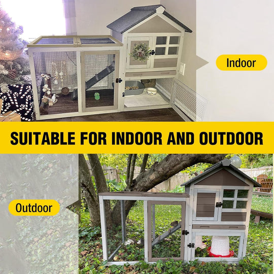 MEDEHOO Rabbit Hutch Indoor Bunny Cage Outdoor with Run Chicken Coop Guinea Pig House with Waterproof Asphalt Roof,No Leakage Pull Out Tray