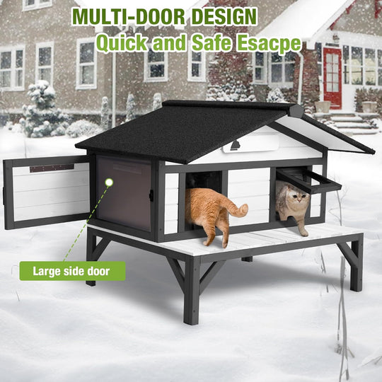 MEDEHOO Heated Outdoor Cat House Weatherproof Large Cat Shelter with 100% Insulated Liner for Multiple Cats, Cat Houses for Indoor Cats（Black）