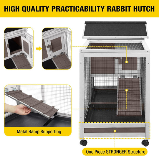 MEDEHOO Rabbit Hutch Wooden Bunny Cage Indoor Outdoor Guinea Pig Cage on Wheels Large AIR19-B-WM