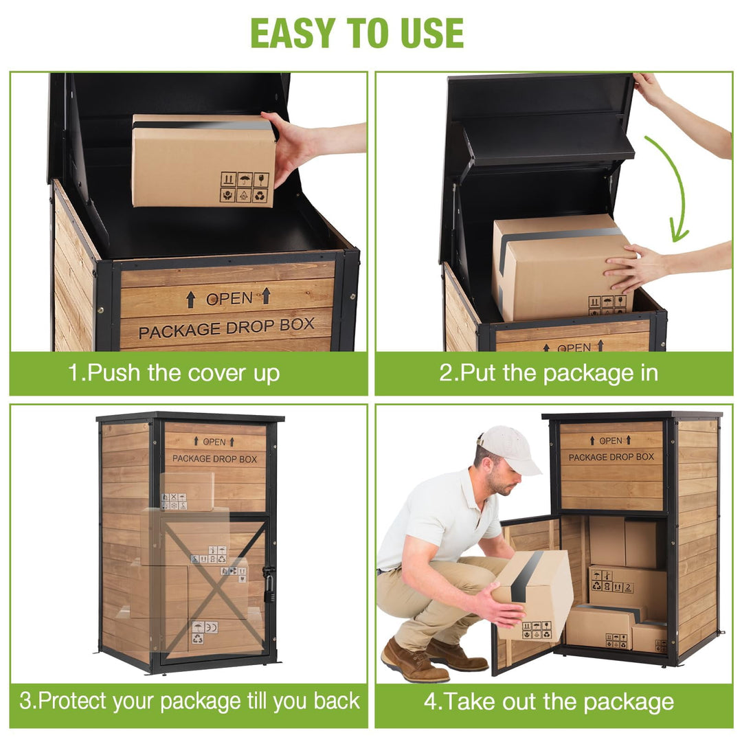 MEDEHOO Outside Package Delivery Box with Combination Lock, Heavy-Duty Wooden Parcel Drop Box with Iron Frame, Weatherproof Secure Contactless Courier Mailbox, Natural Fir Wood