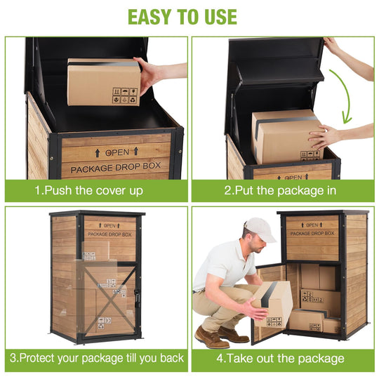 MEDEHOO Outside Package Delivery Box with Combination Lock, Heavy-Duty Wooden Parcel Drop Box with Iron Frame, Weatherproof Secure Contactless Courier Mailbox, Natural Fir Wood