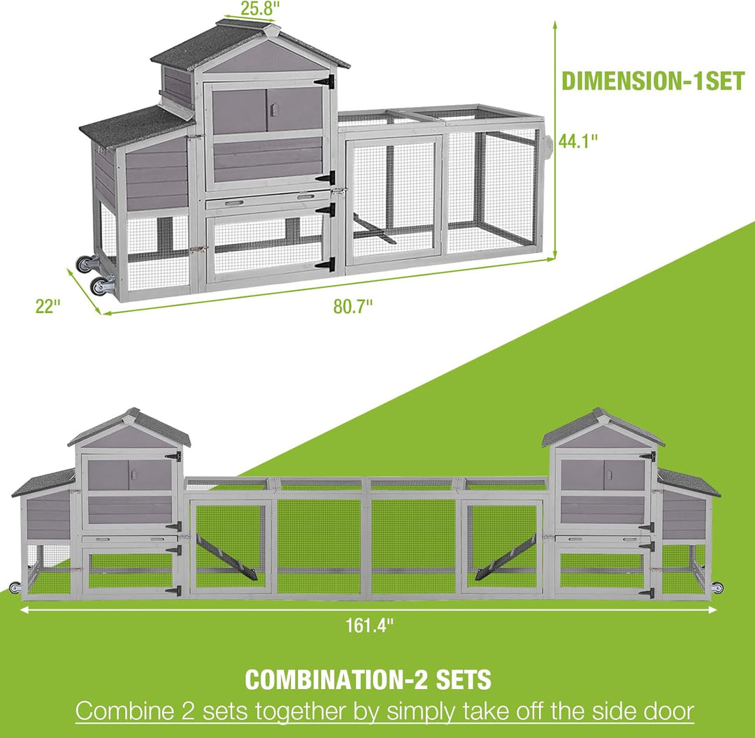 MEDEHOO Chicken Coop Mobile Hen House On Wheels Easy to Move Wooden Poultry Cage with Nesting Box,Opening Wire Netting Roof AIR72-J-WM