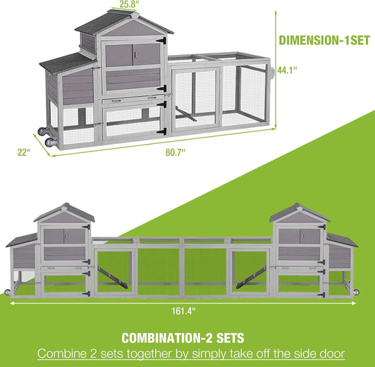 MEDEHOO Chicken Coop Mobile Hen House On Wheels Easy to Move Wooden Poultry Cage with Nesting Box,Opening Wire Netting Roof AIR72-J-WM