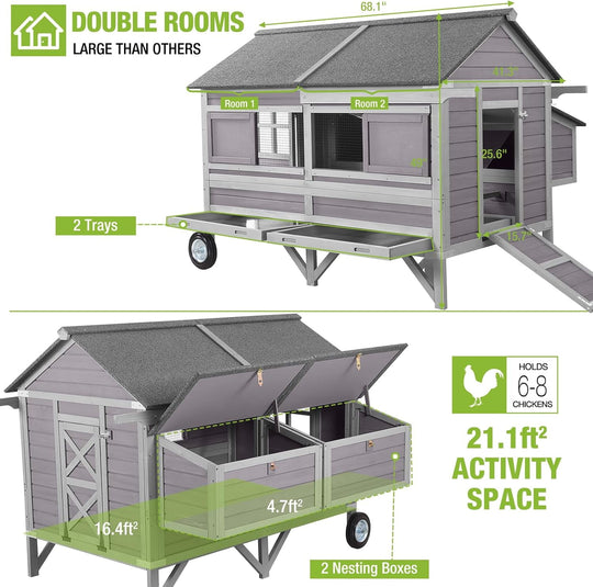 BUTINGLALE 68.1" L Chicken Coop with Large Wheels for 8-10 Chickens, Mobile Duck Chicken House with Four Nesting Boxes and Perches AIR097-WM