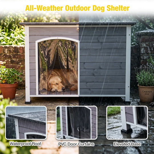 MEDEHOO Extra Large Heated Insulated Dog House for Winter Wooden Outdoor Dog Kennel with All-Around Iron Frame