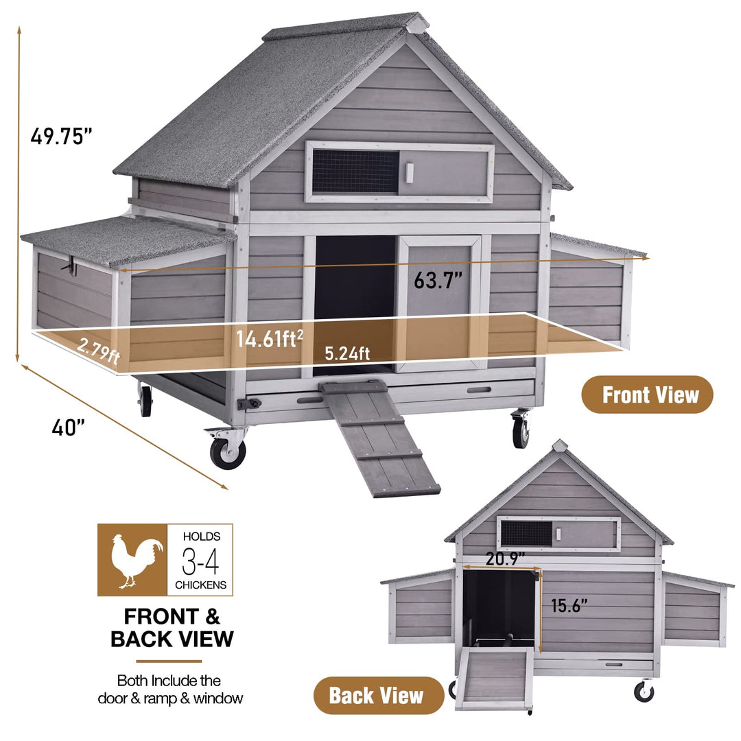 MEDEHOO Chicken Coop Poultry Cage on Wheels Outdoor Duck Coop Wooden Hen House with Large Nesting Box, Movable AIR67-G