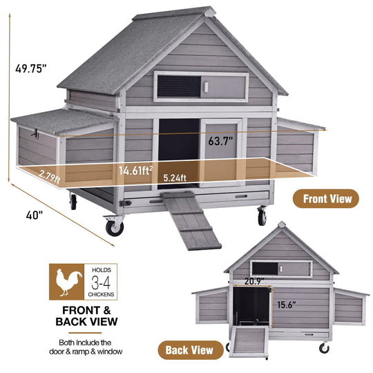 MEDEHOO Chicken Coop Poultry Cage on Wheels Outdoor Duck Coop Wooden Hen House with Large Nesting Box, Movable AIR67-G
