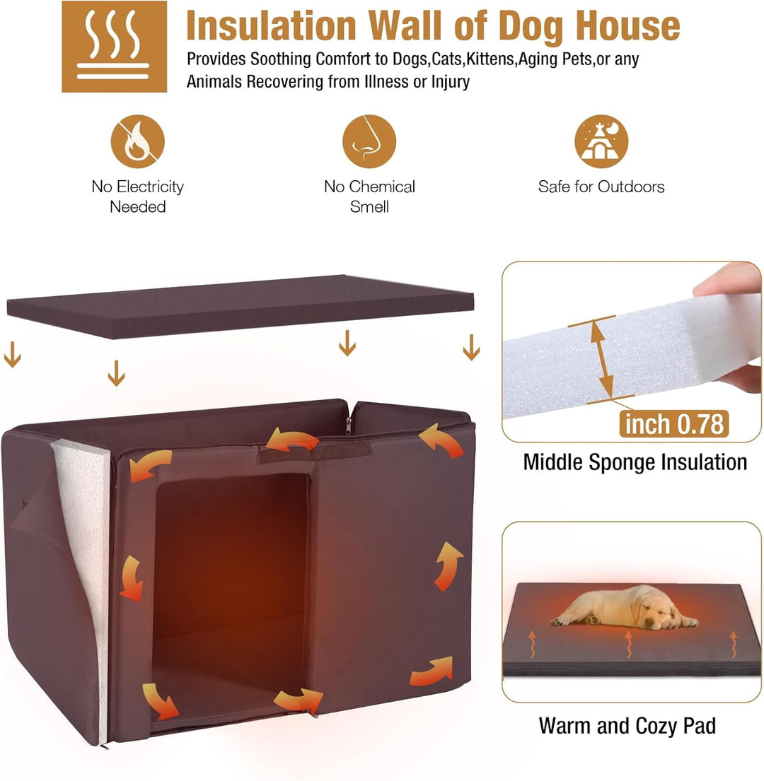43.3" Large Dog House for Winter with Insulated Liner Outdoor Puppy Shelter with Anti-Bite Iron Frame