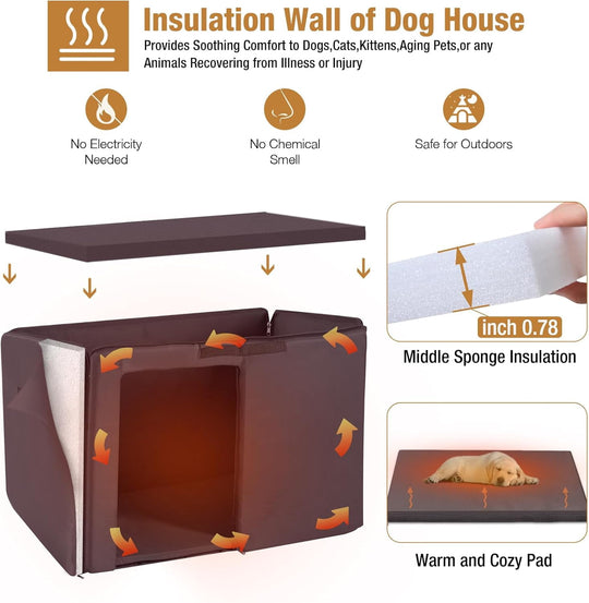 43.3" Large Dog House for Winter with Insulated Liner Outdoor Puppy Shelter with Anti-Bite Iron Frame
