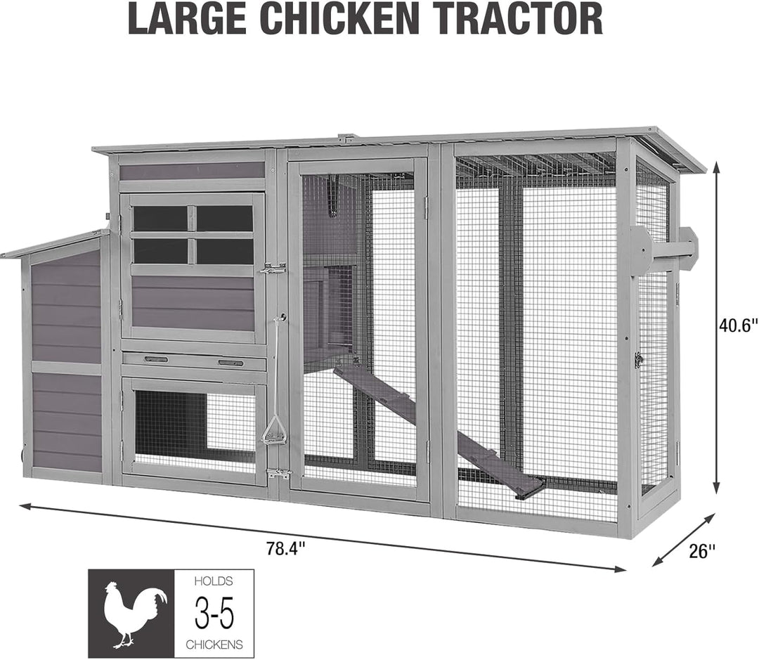 MEDEHOO 78.4"Large Chicken Coop with Run, Mobile Portable Hen House Poultry Cage for 4-6 Chickens with Wheels, Nesting Box, Metal Tray, Waterproof