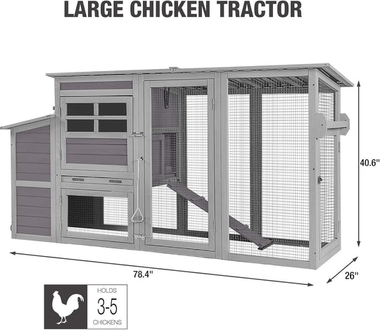 MEDEHOO 78.4"Large Chicken Coop with Run, Mobile Portable Hen House Poultry Cage for 4-6 Chickens with Wheels, Nesting Box, Metal Tray, Waterproof