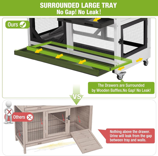 MEDEHOO Rabbit Hutch Indoor Rabbit Cage with Wheels Outdoor Bunny House 2 Story Guinea Pig Cage with Leakproof Tarp Roof Black