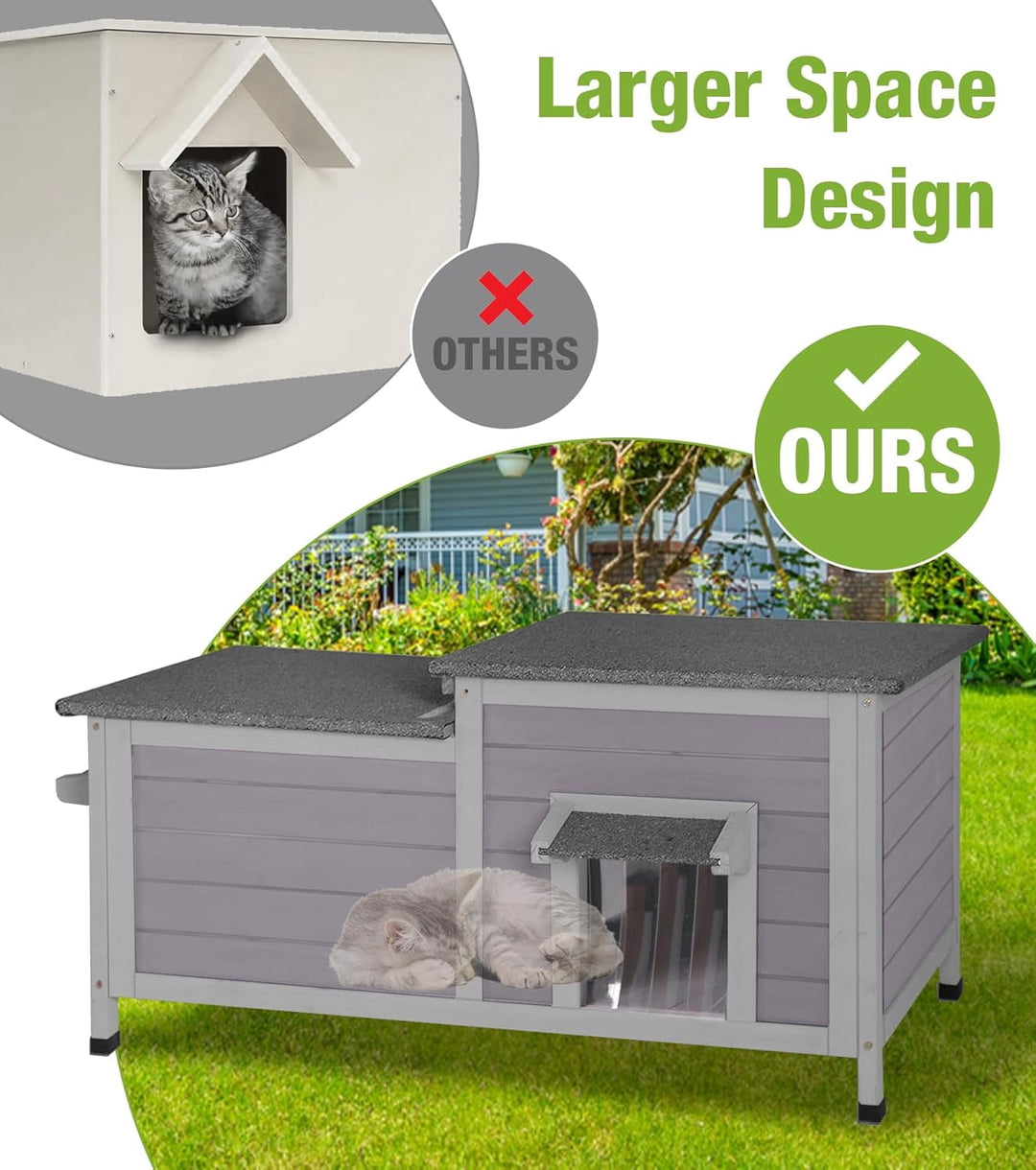 MEDEHOO Outdoor Cat House Weatherproof, Large Cat Shelter with Openable Roofs, Feral Kitty Shelter with Elevated Base, PVC Curtain AIR93-AD-WM