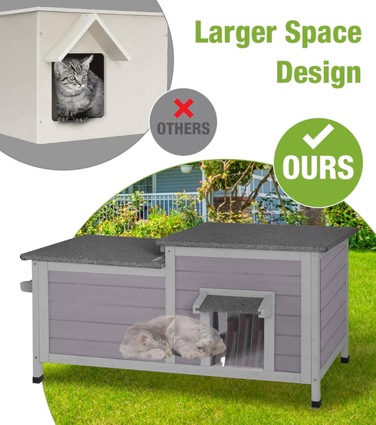 MEDEHOO Outdoor Cat House Weatherproof, Large Cat Shelter with Openable Roofs, Feral Kitty Shelter with Elevated Base, PVC Curtain AIR93-AD-WM