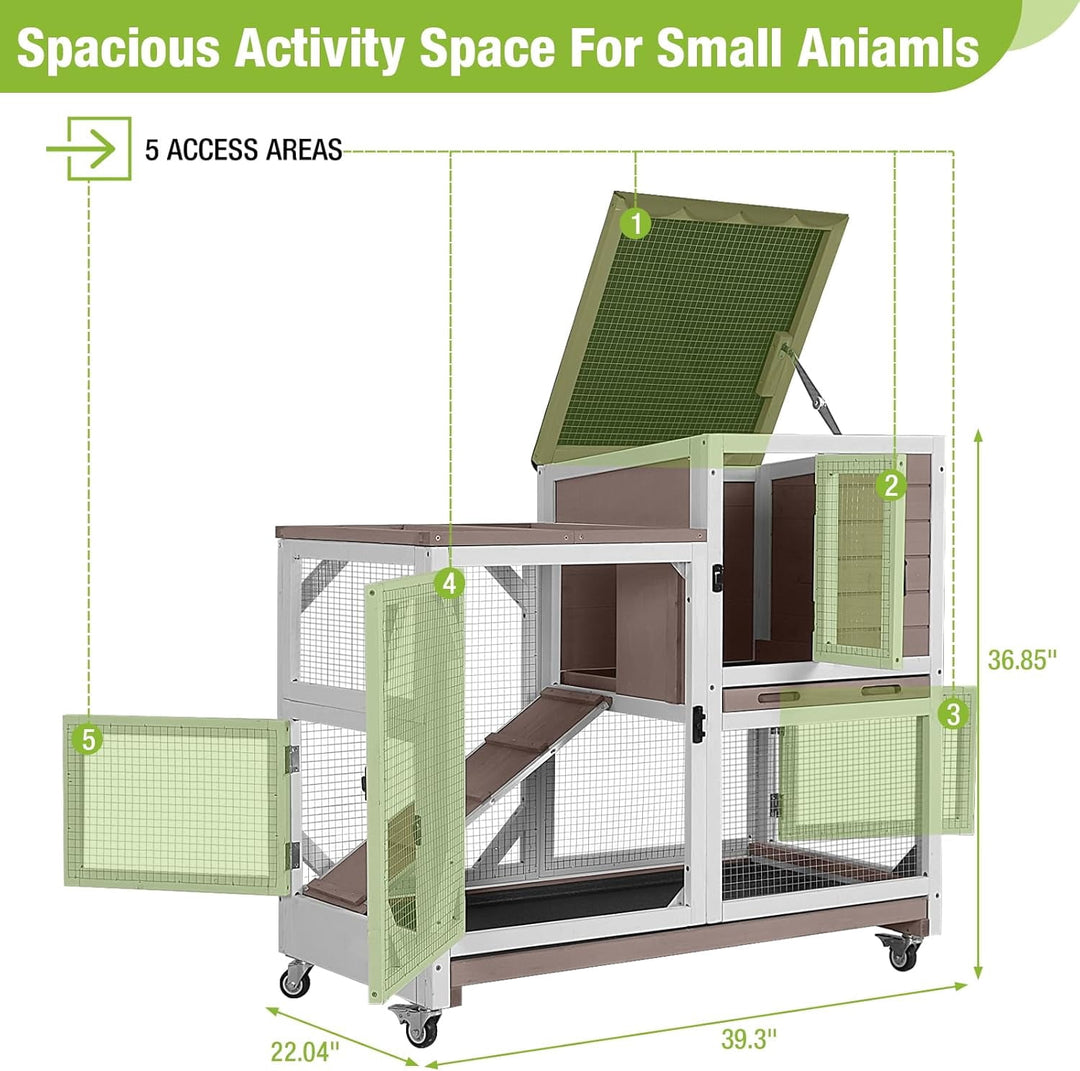 BUTINGLALE Rabbit Hutch Indoor Outdoor 2 Story Bunny House on Wheels Wood Rabbit Cage with 2 Pull Out Trays Guinea Pig Cage AIR7013-WM2