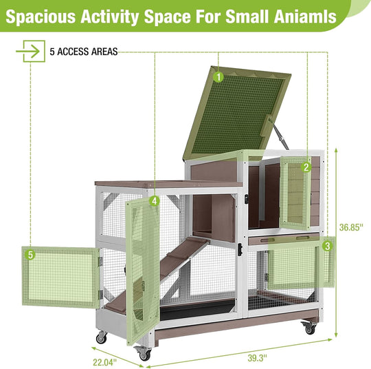 BUTINGLALE Rabbit Hutch Indoor Outdoor 2 Story Bunny House on Wheels Wood Rabbit Cage with 2 Pull Out Trays Guinea Pig Cage AIR7013-WM2