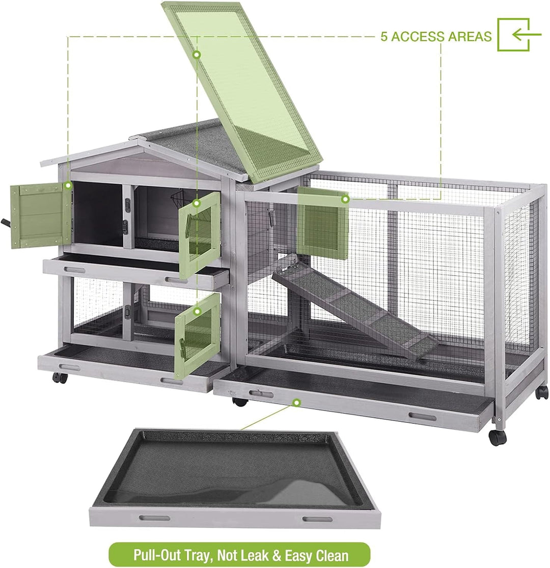 MEDEHOO Bunny Cage Indoor Outdoor Rabbit Hutch with Casters Waterproof Roof, Pull Out Tray from Back and Front, 61.2" L x 22.6" W x 33.5" H MEDE-AIR19-G-MA-WM