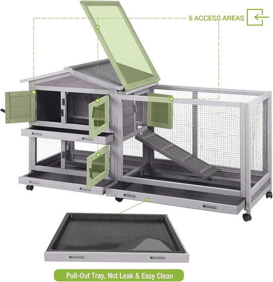 MEDEHOO Bunny Cage Indoor Outdoor Rabbit Hutch with Casters Waterproof Roof, Pull Out Tray from Back and Front, 61.2" L x 22.6" W x 33.5" H MEDE-AIR19-G-MA-WM