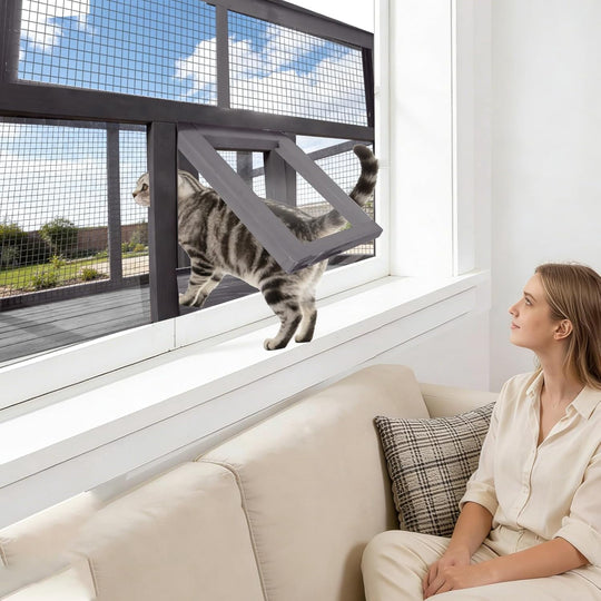 MEDEHOO Cat Window Box Attach to Window Catio Outdoor Cat Enclosure with Weatherproof Roof PVC Door Outside Wooden Cat Window Perch for Indoor Cats CO7016-9DML-WM