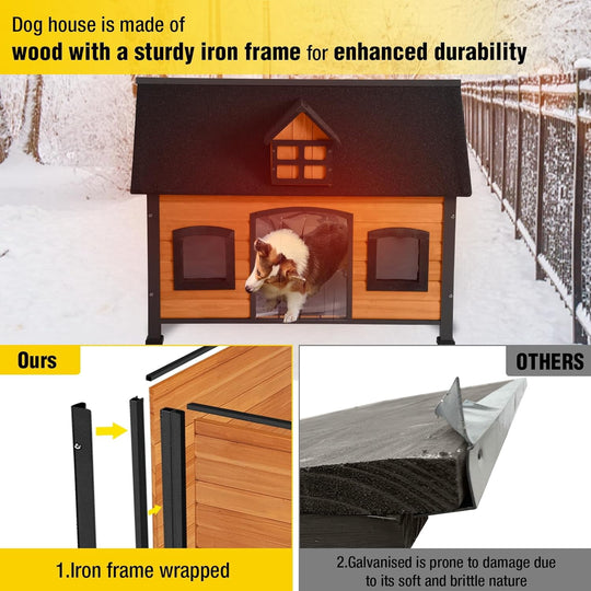 MEDEHOO Heated Dog House with Insulated Liner Wooden Anti-Chewing Metal Frame Dog Kennel