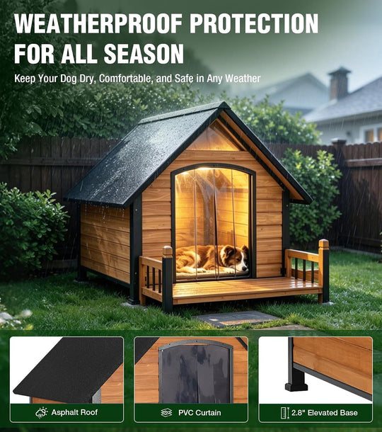 MEDEHOO Woodden Dog House with Proch, Weatherproof Outdoor Kennel Chew-Resistant Iron Frame &amp; Asphalt Roof for Outdoor for Small &amp; Medium Dog Breeds