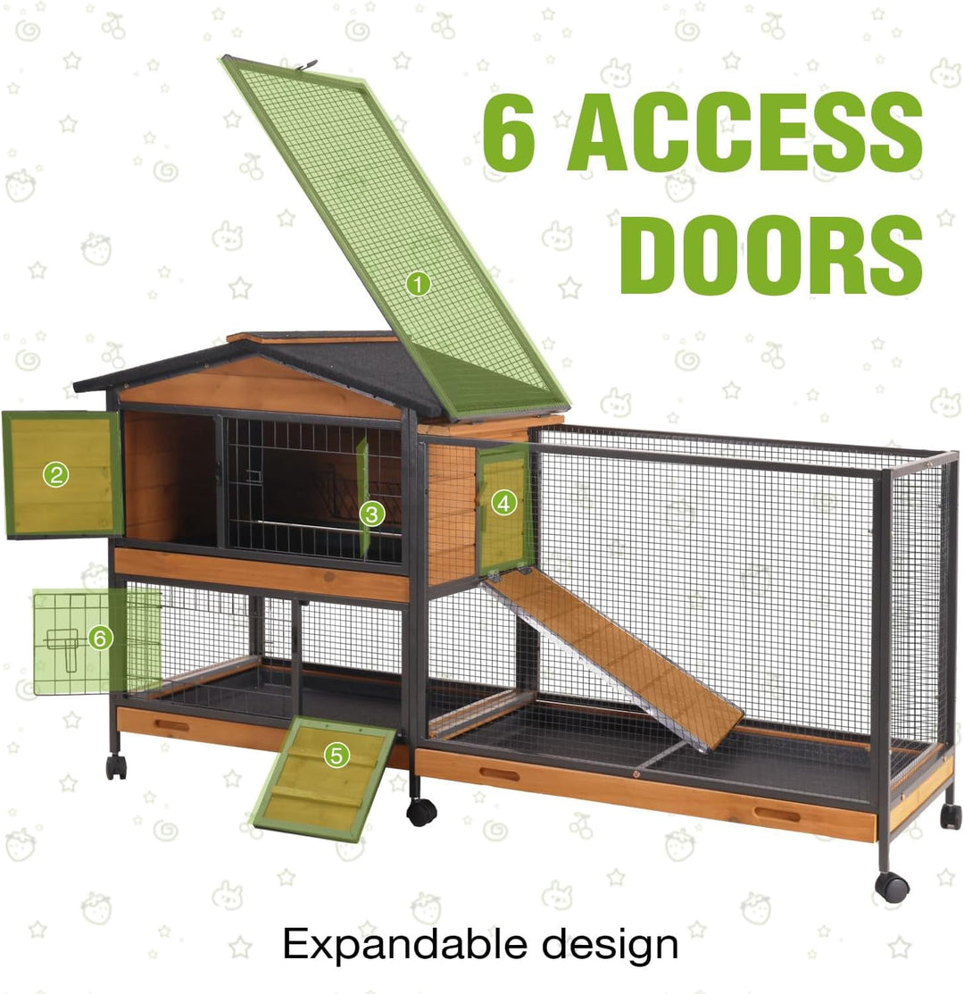 MEDEHOO Large Wooden 2-Story Rabbit Hutch for 2-4 Bunnies – Heavy Duty Metal-Framed Rabbit Cage with 6 Smooth-Rolling Wheels, 3 Easy-Clean Pull-Out Trays &amp; 6 Access Doors, Indoor Outdoor (Brown)