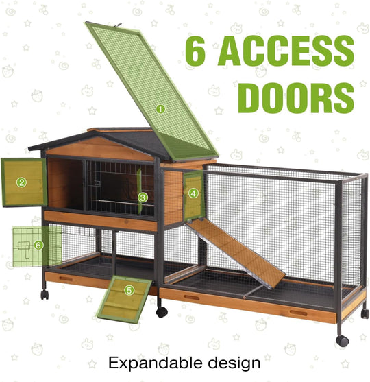 MEDEHOO Large Wooden 2-Story Rabbit Hutch for 2-4 Bunnies – Heavy Duty Metal-Framed Rabbit Cage with 6 Smooth-Rolling Wheels, 3 Easy-Clean Pull-Out Trays &amp; 6 Access Doors, Indoor Outdoor (Brown)