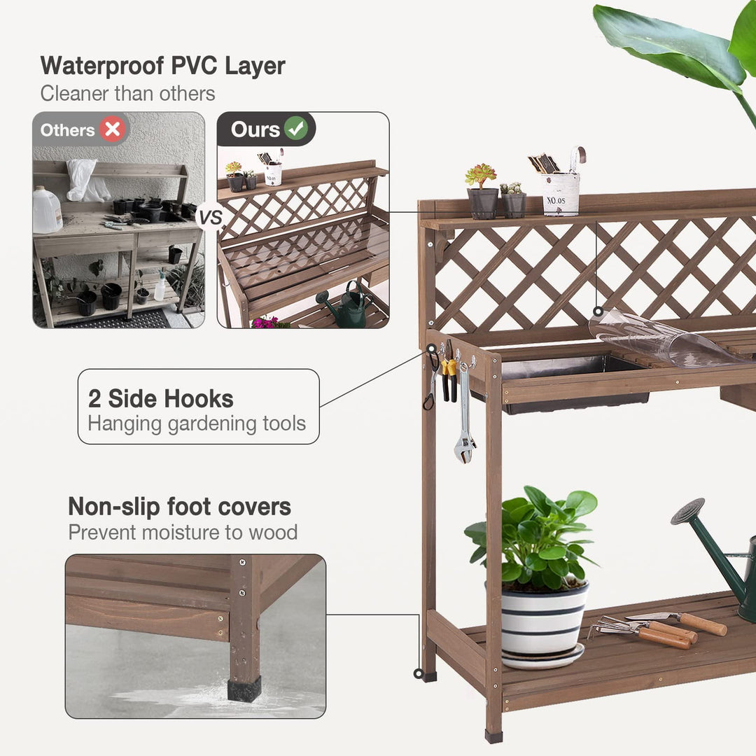 BUTINGLALE Potting Bench Potting Table Potting Benches for Outside 44 Inch Fir Wood Garden Potting Station Garden Table PVC Layer Storage Shelf Sink Drawer Hooks GUT04O