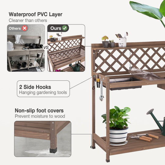 BUTINGLALE Potting Bench Potting Table Potting Benches for Outside 44 Inch Fir Wood Garden Potting Station Garden Table PVC Layer Storage Shelf Sink Drawer Hooks GUT04O