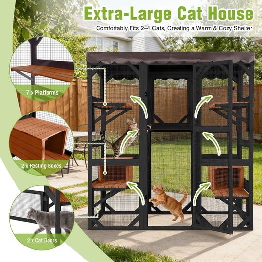 MEDEHOO Catio Outdoor Cat Enclosure with Scratch Post, Hammock, Large Window Cat House for 2-6 Mulitiple Cats Walk in Kitty Cage with Tarp Roof 70" Black