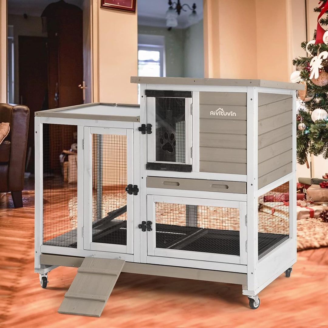 MEDEHOO Indoor Outdoor Rabbit Hutch, Bunny Cage on Wheels with 2 Deep No Leakage Pull Out Trays (Mocha Color) AIR36-U-WM
