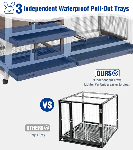 MEDEHOO Large Rabbit Hutch Indoor, Bunny Cage Outdoor with Chew-Proof Ramp, 2-Story Guinea Pig Cages with 6 Wheels, 3 Pull-Out Trays, Waterproof Asphalt Roof, 62" L - Coffee