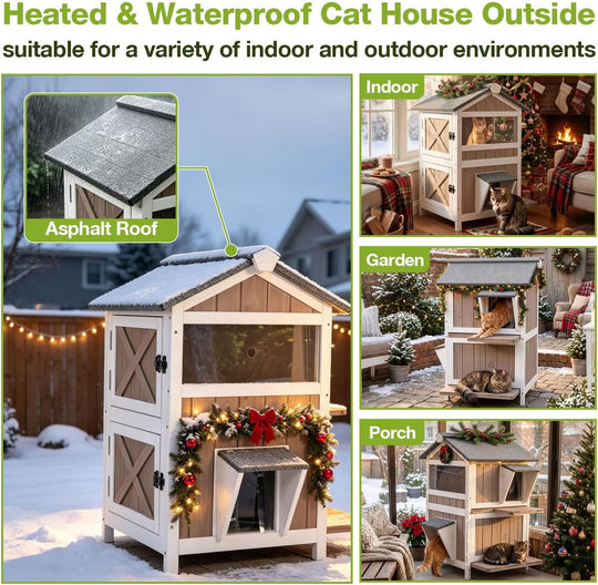 MEDEHOO Heated Outdoor Cat House for Outside, 2-Level Insulated Cat Shelter, Weatherproof Feral Cat House for Winter, White &amp; Brown