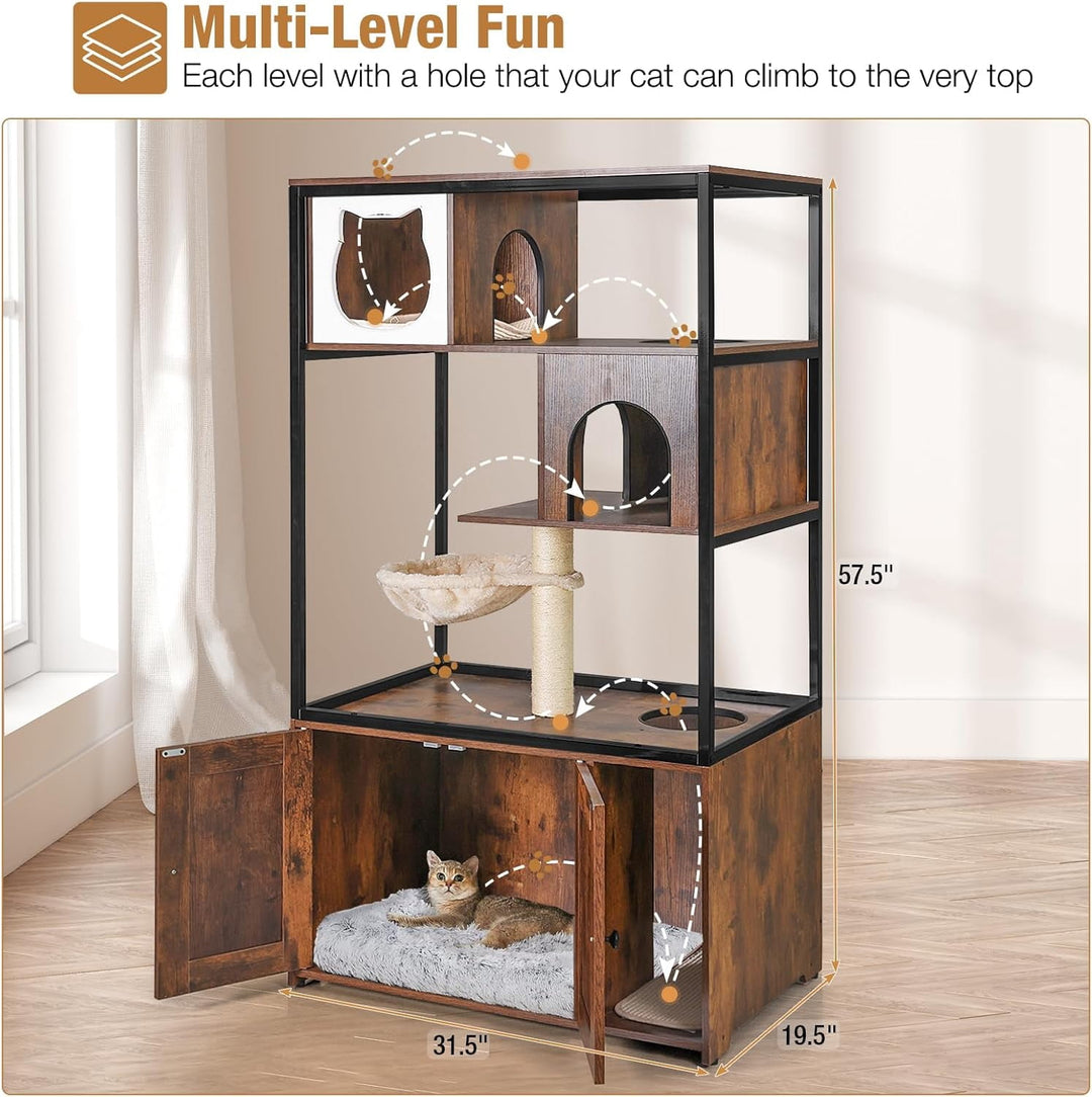 MEDEHOO Cat Litter Box Furniture Enclosure 4 Levels Cat Tree Hidden Cabinet with Storage and Scratch,4 Tiers AIR102-J-WM