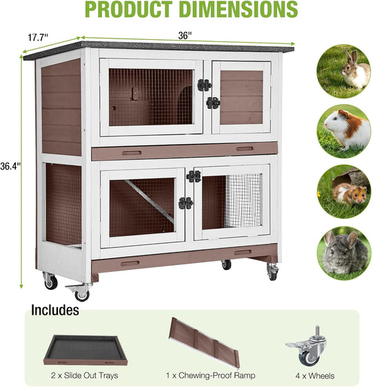 MEDEHOO 2-Story Rabbit Hutch Indoor Bunny Cage Wooden Guinea Pig House with Chew-Proof Ramp, Leakproof Slide-Out Trays, Lockable Caster Wheels for 1-3 Rabbits (Brown) AIR77WZ-MA4-WM