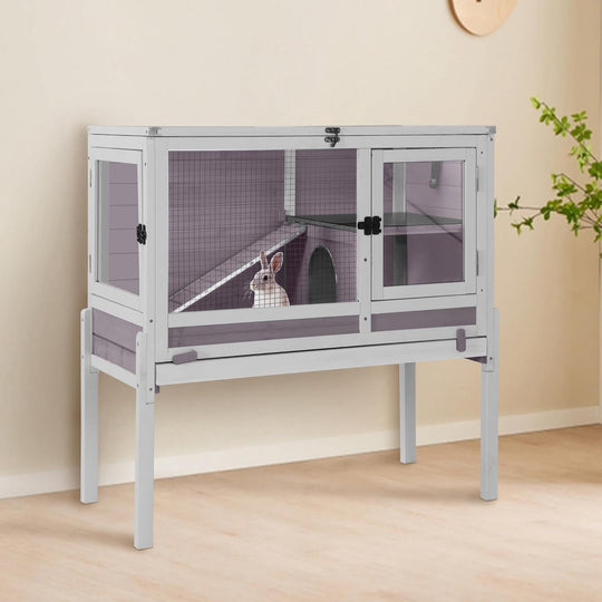 MEDEHOO Guinea Pig Cage Indoor Rabbit Hutch with Chew-Proof Edges - Grey