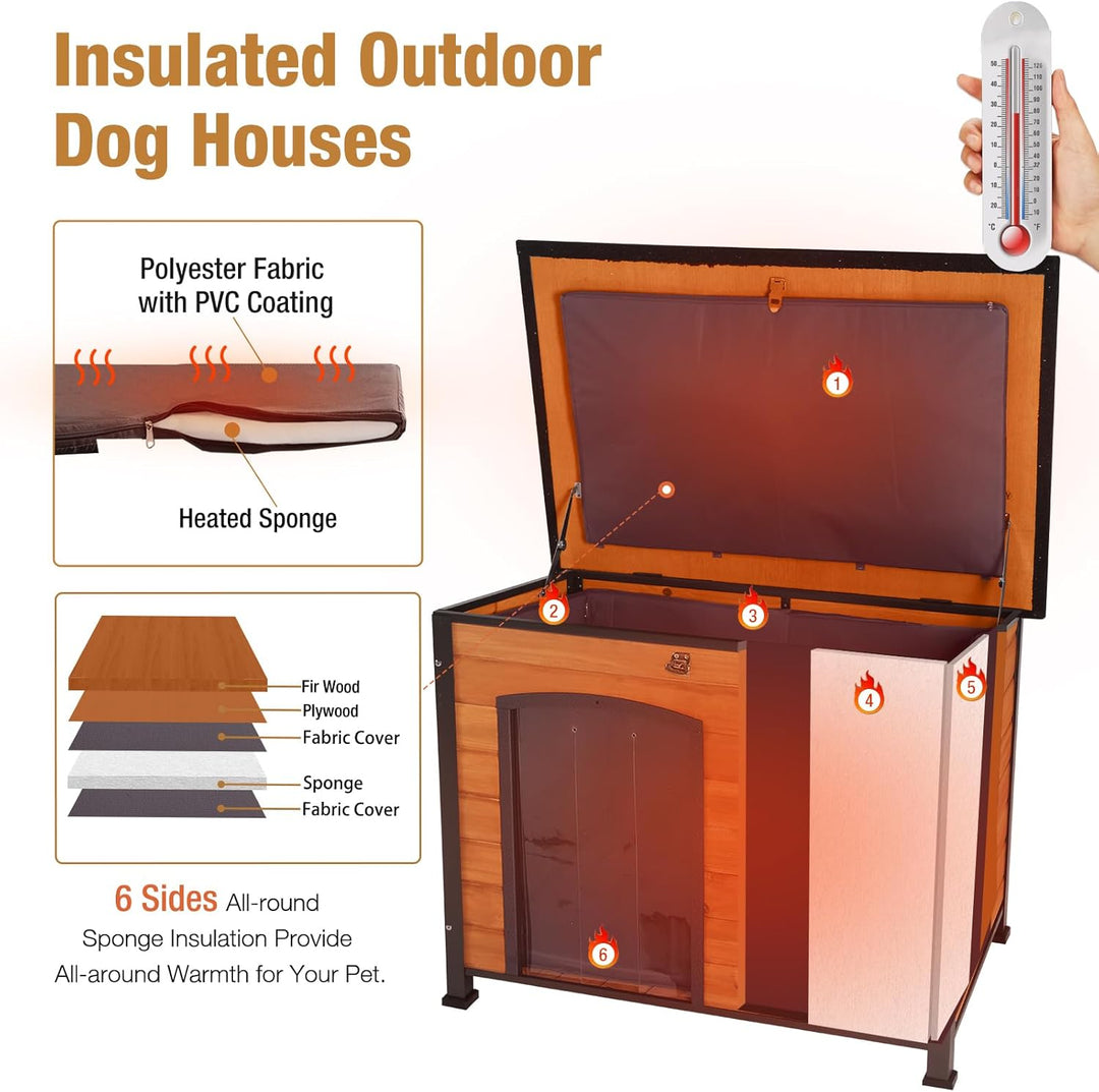 43.3" Large Wooden Dog House with Insulated Liner Outdoor Puppy Shelter Anti-Bite Iron Frame-Brown