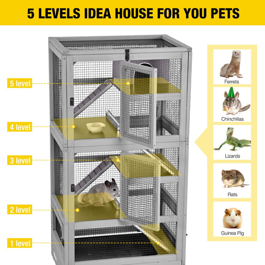 MEDEHOO Large Ferret Cage  5 Levels Chinchilla Cage with Wheels  Wooden Rat Cages Upgrade Metal Frame Guinea Pig House for Indoor Outdoor AIR38-NEW-WM