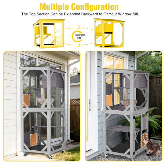 MEDEHOO Outdoor Cat Catio Enclosure with Wheels, Movable Outdoor Cat House Cat Cage with Upgraded Resting Box, Waterproof Cover
