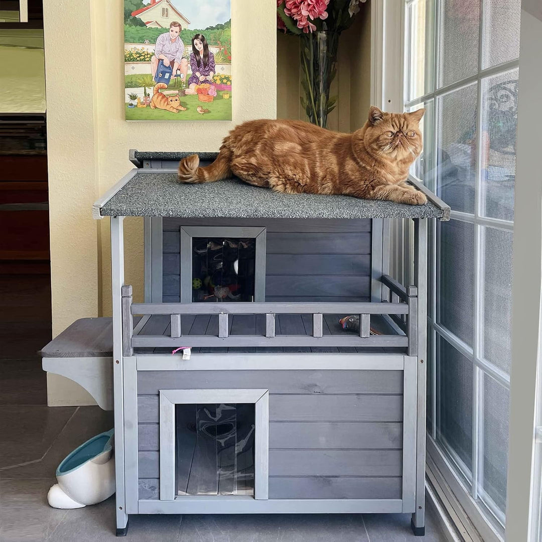BUTINGLALE utdoor Feral Cat House, Wood Cat Shelter with Escape Door, Rainproof Outside Kitty House with Balcony AIR33-U